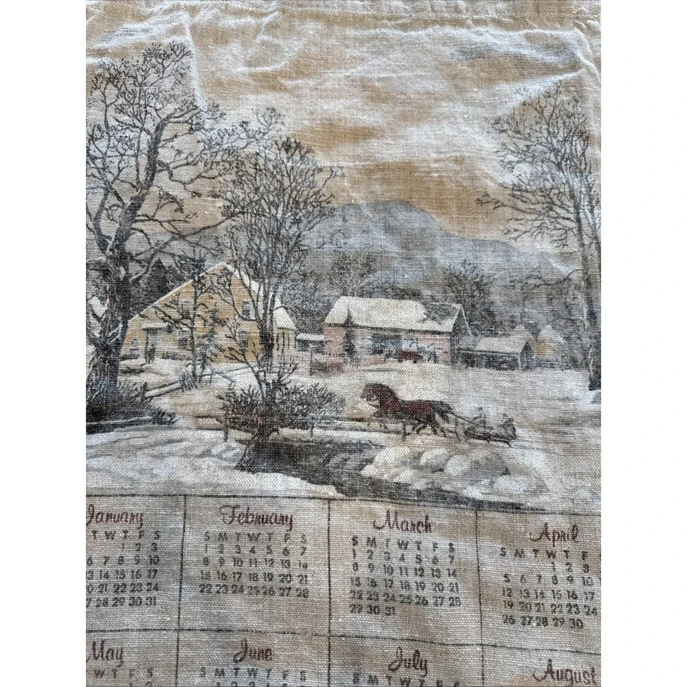 VTG Linen Tea Towels‎ Lot 2 Calendar 1980-81 Winter Country & Clipper Ship